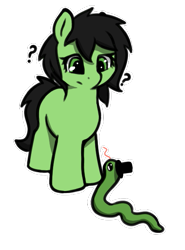 Size: 463x627 | Tagged: safe, artist:neuro, oc, oc only, oc:filly anon, earth pony, pony, snake, female, filly, foal, hat, looking down, question mark, simple background, solo, tongue out, top hat, transparent background