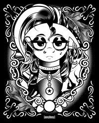 Size: 2400x3000 | Tagged: safe, artist:poxy_boxy, pony, black and white, bust, commission, ear piercing, earring, eyeshadow, female, grayscale, high res, jewelry, lidded eyes, looking at you, makeup, mare, monochrome, nose piercing, nose ring, piercing, solo