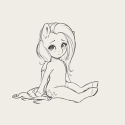 Size: 4000x4000 | Tagged: safe, artist:miokomata, fluttershy, pegasus, pony, cute, female, freckles, freckleshy, gray background, grayscale, light gray background, looking at you, mare, monochrome, shyabetes, simple background, sitting, solo