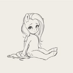 Size: 4000x4000 | Tagged: safe, artist:miokomata, fluttershy, pegasus, pony, g4, cute, female, freckles, freckleshy, gray background, grayscale, light gray background, looking at you, mare, monochrome, shyabetes, simple background, sitting, solo