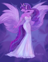 Size: 1419x1840 | Tagged: safe, artist:sarpiza_, twilight sparkle, alicorn, anthro, breasts, busty twilight sparkle, cleavage, clothes, dress, ear piercing, earring, female, jewelry, large wings, mare, piercing, signature, solo, tiara, twilight sparkle (alicorn), wings