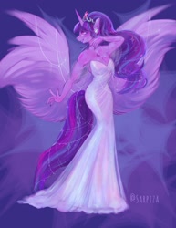 Size: 1419x1840 | Tagged: safe, artist:sarpiza_, twilight sparkle, alicorn, anthro, g4, breasts, cleavage, clothes, dress, ear piercing, earring, female, gown, jewelry, large wings, mare, piercing, signature, solo, tiara, twilight sparkle (alicorn), wings