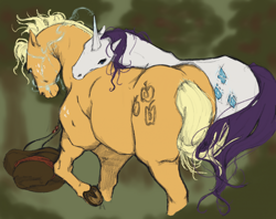 Size: 2158x1708 | Tagged: safe, artist:darnfallfog, applejack, rarity, earth pony, horse, pony, unicorn, g4, applebutt, applejack's hat, applesub, bondage, bridle, butt, colored sketch, cowboy hat, duo, duo female, female, femsub, freckles, frog (hoof), hat, hat off, hoers, horn, horses doing horse things, intertwined tails, lesbian, looking back, magic, magical bondage, mare, mind control, neck hug, no more ponies at source, plot, raised hoof, raridom, realistic anatomy, ship:rarijack, shipping, shoulder freckles, sketch, submissive, tack, tail, underhoof