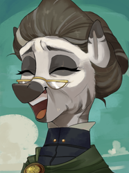 Size: 1560x2100 | Tagged: safe, artist:egil, oc, oc only, oc:innalas ahutzam, zebra, equestria at war mod, bust, clothes, cloud, eyes closed, glasses, laughing, portrait, solo