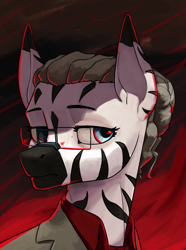 Size: 3120x4200 | Tagged: safe, artist:neither, oc, oc only, oc:shama zurumilki, zebra, equestria at war mod, bust, clothes, glasses, portrait, solo