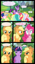 Size: 1280x2300 | Tagged: safe, artist:bigsnusnu, applejack, gummy, pinkie pie, twilight sparkle, earth pony, unicorn, comic:dusk shine in pursuit of happiness, bridge, building, crying, dialogue, dissatisfied, dusk shine, horn, implied spike, park, rule 63, tree