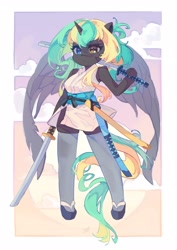 Size: 2897x4096 | Tagged: safe, artist:saxopi, oc, oc only, alicorn, anthro, clothes, commission, female, heterochromia, hoof hold, katana, mare, outdoors, partially open wings, passepartout, sandals, sky background, socks, solo, sword, thigh highs, weapon, wings