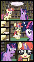 Size: 1280x2300 | Tagged: safe, artist:bigsnusnu, moondancer, twilight sparkle, unicorn, comic:dusk shine in pursuit of happiness, colt, dialogue, dusk shine, female, filly, filly moondancer, foal, glasses, happy, horn, librarian, library, looking back, male, rule 63, younger