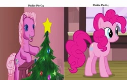 Size: 811x512 | Tagged: safe, edit, edited screencap, screencap, pinkie pie, pinkie pie (g3), earth pony, pony, a very minty christmas, g3, g4, three's a crowd, bipedal, chair, christmas, christmas tree, comparison, decoration, female, g3 to g4, generation leap, holiday, open mouth, open smile, pinterest, smiling, standing, text, tree