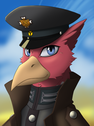 Size: 2000x2692 | Tagged: safe, artist:twotail813, oc, oc only, oc:heinz featherhoff, griffon, equestria at war mod, bust, cap, clothes, hat, portrait, solo