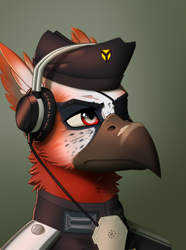 Size: 2000x2692 | Tagged: safe, artist:twotail813, oc, oc only, oc:peter zuckergreif, griffon, equestria at war mod, bust, clothes, hat, headphones, portrait, solo