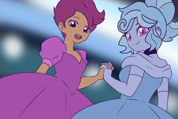 Size: 1280x854 | Tagged: safe, artist:qsky, scootaloo, oc, oc:jemimasparkle, human, equestria girls, g4, canon x oc, choker, cinderella, clothes, dancing, dress, duo, evening gloves, female, gloves, gown, holding hands, lesbian, long gloves, looking at you, open mouth, poofy shoulders, princess, smiling