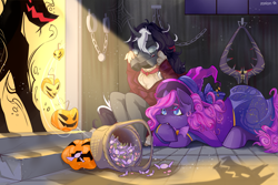 Size: 2351x1567 | Tagged: safe, oc, oc only, earth pony, pony, unicorn, candy, clothes, costume, dark, food, halloween, halloween costume, holiday, horn, witch, z0ri0n