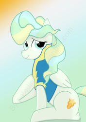 Size: 595x842 | Tagged: safe, artist:paladin0, vapor trail, pegasus, pony, g4, clothes, cute, female, gradient background, hoof on chest, humble, mare, sitting, solo, uniform, wonderbolt trainee uniform