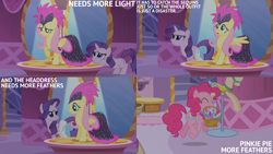 Size: 2000x1125 | Tagged: safe, edit, edited screencap, editor:quoterific, screencap, fluttershy, pinkie pie, rarity, earth pony, pegasus, pony, unicorn, g4, green isn't your color, season 1, basket, carousel boutique, feather, female, horn, mare, mirror, trio, trio female