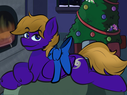 Size: 2048x1535 | Tagged: safe, artist:doodlesdoodles8, oc, oc only, oc:wing front, pegasus, pony, bound wings, brown mane, brown tail, christmas, christmas tree, draw me like one of your french girls, gift wrapped, holiday, living room, lying down, pegasus oc, present, prone, purple coat, ribbon, smiling, tail, tree, wings