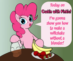 Size: 1105x918 | Tagged: safe, artist:backgrounds-ponies, pinkie pie, earth pony, pony, g4, banana, food, fruit, gradient background, herbivore, solo, strawberry