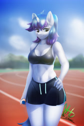 Size: 2119x3151 | Tagged: safe, artist:nihaicreeper, oc, oc only, pony, unicorn, anthro, horn, looking at you, sweat
