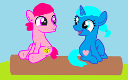 Size: 4048x2544 | Tagged: safe, artist:memeartboi, earth pony, food pony, pony, unicorn, g4, canon ship, colt, colt oc, couple, date, dating, duo, duo male and female, female, filly, filly oc, foal, food, forest, happy, heart, horn, husband and wife, looking at each other, looking at someone, male, nature, nicole watterson, non-mlp shipping, ponified, richard watterson, romance, romantic, shipping, simple background, straight, the amazing world of gumball, the choice, tree, wood plank