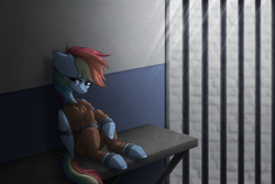 Size: 4473x2988 | Tagged: safe, artist:viryav, rainbow dash, pegasus, g4, bound wings, chained, chains, clothes, commissioner:rainbowdash69, cuffed, cuffs, jail cell, jumpsuit, never doubt rainbowdash69's involvement, prison outfit, prisoner, prisoner rd, sad, shackles, sitting, solo, wings