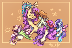 Size: 1080x720 | Tagged: artist needed, safe, changeling, pegasus, unicorn, blanket, bow, brush, charm, commissioner:dhs, cowboy hat, cute, dreamcatcher, family, female, handkerchief, hat, heart, horn, mother and child, mother and daughter, simple background, sleeping, smiling, stars, unshorn fetlocks