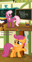 Size: 574x1120 | Tagged: safe, edit, edited screencap, screencap, cheerilee, scootaloo, fanfic:rainbow factory, g4, the last crusade, chalkboard, fanfic art, ponyville schoolhouse, weather factory
