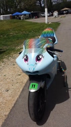 Size: 736x1308 | Tagged: safe, rainbow dash, g4, barely pony related, female, irl, motorcycle, photo, pinterest, race swap, solo, standing, surprised