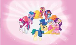 Size: 2250x1350 | Tagged: safe, artist:prixy05, hitch trailblazer, izzy moonbow, misty brightdawn, pipp petals, sunny starscout, zipp storm, earth pony, pegasus, pony, unicorn, g4, g5, the best night ever, alternate hairstyle, character swap, clothes, dress, female, g5 to g4, gala dress, generation leap, hat, horn, male, mane five, mane six (g5), mane stripe sunny, mare, pink background, rebirth misty, simple background, stallion