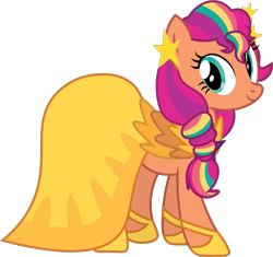 Size: 1071x1008 | Tagged: safe, artist:prixy05, sunny starscout, earth pony, pony, g4, g5, clothes, dress, female, g5 to g4, gala dress, generation leap, mane stripe sunny, mare, simple background, solo, transparent background, vector