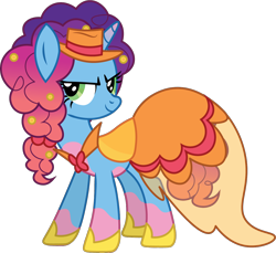 Size: 1208x1106 | Tagged: safe, artist:prixy05, misty brightdawn, pony, unicorn, g4, g5, alternate hairstyle, clothes, dress, female, g5 to g4, gala dress, generation leap, hat, horn, mare, rebirth misty, simple background, solo, transparent background, vector