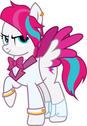 Size: 733x1064 | Tagged: safe, artist:prixy05, zipp storm, pegasus, pony, g4, g5, alternate hairstyle, bowtie, clothes, ear piercing, female, g5 to g4, generation leap, mare, piercing, simple background, solo, spread wings, suit, transparent background, vector, wings