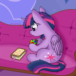 Size: 4000x4000 | Tagged: safe, artist:cloudmild, twilight sparkle, alicorn, pony, g4, book, couch, cute, female, horn, mare, rubik's cube, sitting, smiling, solo, twilight sparkle (alicorn), wings