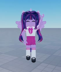 Size: 581x690 | Tagged: safe, twilight sparkle, alicorn, semi-anthro, equestria girls, g4, bangs, blushing, bow, clothes, eyes closed, female, flying, horn, long socks, mary janes, no mouth, pleated skirt, pony ears, ponytails, raised arm, roblox, school uniform, shirt, shoes, short sleeves, skirt, sky, solo, straight hair, twilight sparkle (alicorn), wings