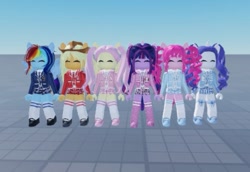 Size: 950x652 | Tagged: safe, applejack, fluttershy, pinkie pie, rainbow dash, rarity, twilight sparkle, alicorn, axolotl, rabbit, semi-anthro, equestria girls, g4, animal, bangs, blazer, blushing, bow, clothes, collar, cowboy hat, curly hair, eyes closed, female, females only, freckles, hat, horn, long socks, mary janes, necktie, no mouth, plaid, plaid skirt, pleated skirt, pocket, pony ears, ponytails, roblox, school uniform, shirt, shoes, skirt, sky, socks, straight hair, twilight sparkle (alicorn), wings