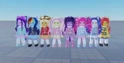 Size: 1136x575 | Tagged: safe, applejack, fluttershy, pinkie pie, rainbow dash, rarity, starlight glimmer, sunset shimmer, twilight sparkle, alicorn, axolotl, rabbit, semi-anthro, equestria girls, g4, animal, bangs, beanie hat, blazer, blushing, bow, clothes, collar, cowboy hat, curly hair, eyes closed, female, females only, freckles, hat, horn, long socks, mary janes, necktie, no mouth, plaid, plaid skirt, pleated skirt, pocket, pony ears, ponytails, roblox, school uniform, shirt, shoes, skirt, sky, socks, straight hair, twilight sparkle (alicorn), wings