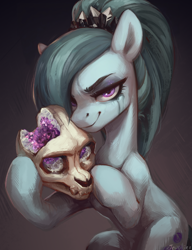 Size: 1396x1816 | Tagged: safe, artist:jewellier, marble pie, earth pony, pony, series:ask the pie sisters, g4, abstract background, alternate hairstyle, crystal, eyeshadow, female, geode, gradient background, looking at you, makeup, marbellise delilah pie, mare, mascara, mlp art ask (ru), skull, solo, that pony sure does love geodes