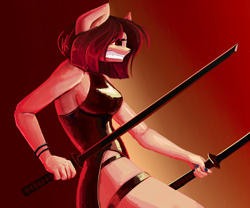 Size: 3000x2500 | Tagged: safe, artist:anastas, oc, oc only, oc:naga, earth pony, pony, anthro, bracelet, breasts, clothes, dress, female, jewelry, katana, latex, latex dress, red light, side slit, solo, spiked wristband, sword, teeth, total sideslit, weapon, wristband