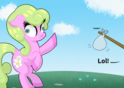 Size: 2400x1700 | Tagged: safe, artist:scandianon, daisy, flower wishes, earth pony, pony, bag, derp, ears back, female, hoers, horses doing horse things, implied anon, mare, outdoors, pinpoint eyes, plastic bag, rearing, rectangular pupil, scared, stick, whiskers