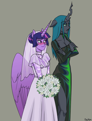 Size: 1080x1431 | Tagged: source needed, safe, artist:ddddaikon, queen chrysalis, twilight sparkle, alicorn, changeling, changeling queen, anthro, g4, alternate hairstyle, black dress, blushing, breasts, bride, clothes, crossed arms, dress, duo, duo female, eyeshadow, female, flower, lesbian, looking away, makeup, marriage, one ear down, ship:twisalis, shipping, sweat, sweatdrop, twilight sparkle (alicorn), veil, wedding dress, wedding veil