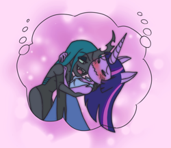 Size: 1080x936 | Tagged: safe, artist:ddddaikon, queen chrysalis, twilight sparkle, changeling, changeling queen, anthro, anime, blushing, clothes, cute, cutealis, dress, duo, eyes closed, eyeshadow, female, gala dress, hug, lesbian, makeup, open mouth, open smile, ship:twisalis, shipping, smiling, sweet dreams fuel, thought bubble, twiabetes, wavy mouth, wholesome
