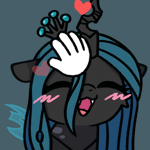Size: 500x500 | Tagged: safe, artist:sugar morning, queen chrysalis, changeling, changeling queen, g4, animated, blush scribble, blushing, cute, cute little fangs, cutealis, disembodied hand, eyes closed, fangs, floating heart, gif, hand, happy, happy face, heart, open mouth, open smile, petting, smiling, sweet dreams fuel, wing twitch, wings