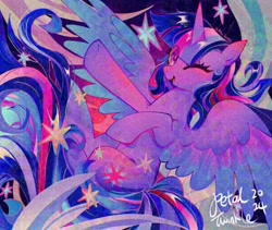 Size: 2048x1726 | Tagged: safe, artist:petaltwinkle, twilight sparkle, alicorn, pony, g4, abstract background, bangs, blushing, colored, colored wings, colored wingtips, detailed, ear blush, eye clipping through hair, eyelashes, female, flying, horn, horn blush, long mane, long tail, looking at you, mare, multicolored mane, multicolored tail, multicolored wings, nose blush, one eye closed, open mouth, open smile, purple coat, purple eyes, raised hoof, satrs, shiny coat, shiny eyes, shiny mane, shiny tail, signature, smiling, smiling at you, solo, sparkles, spread wings, tail, twilight sparkle (alicorn), unicorn horn, wingding eyes, wings