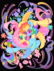 Size: 1575x2062 | Tagged: safe, artist:chonpsk, fluttershy, rainbow dash, butterfly, pegasus, pony, g4, black background, blushing, colorful, duo, duo female, female, flower, flying, hoof around neck, lesbian, looking at each other, looking at someone, mare, ship:flutterdash, shipping, simple background, smiling, smiling at each other, stars, wings