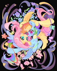Size: 2941x3704 | Tagged: safe, artist:chonpsk, fluttershy, rainbow dash, butterfly, pegasus, pony, series:520天马组24h联产计划, series:天马组woaini二十四時, g4, black background, blushing, boop, colorful, cute, dashabetes, duo, duo female, featured image, female, flower, flying, hoof around neck, lesbian, looking at each other, looking at someone, mare, nose to nose, noseboop, ship:flutterdash, shipping, shyabetes, simple background, smiling, smiling at each other, spread wings, stars, wings