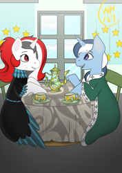 Size: 1000x1414 | Tagged: safe, artist:wh189, oc, oc only, oc:red rocket, oc:river swirl, pony, equestria at war mod, chair, clothes, cup, dress, duo, kettle, robe, sitting, table, talking, tea party, teacup, teapot, window