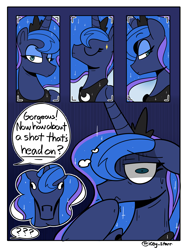 Size: 2202x2950 | Tagged: safe, artist:icey, princess luna, alicorn, pony, g4, camera shot, comic, crown, eyes closed, faic, female, floppy ears, high res, hoers, horse problems, jewelry, lidded eyes, looking back, mare, nervous, offscreen character, passepartout, peytral, photo shoot, question mark, regalia, solo, speech bubble, suddenly hoers, sweat, thought bubble, wall eyed, wavy mane, wavy mouth