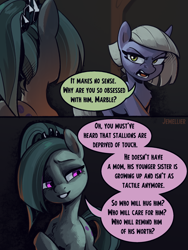 Size: 1800x2400 | Tagged: safe, artist:jewellier, part of a set, limestone pie, marble pie, earth pony, pony, series:ask the pie sisters, g4, alternate hairstyle, alternate universe, ask, comic, duo, duo female, english, female, implied big macintosh, implied marblemac, implied shipping, implied straight, marbellise delilah pie, mare, mlp art ask (ru), ponytail, speech bubble, text, translation
