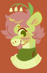 Size: 1173x1817 | Tagged: safe, artist:friendlyfloaty, oc, oc only, earth pony, pony, :p, bust, earth pony oc, green coat, green eyes, orange background, pink mane, plant, portrait, simple background, smiling, solo, tongue out
