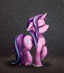 Size: 1800x2040 | Tagged: safe, artist:zetamad, starlight glimmer, pony, unicorn, g4, atg 2020, chest fluff, concave belly, eyes closed, female, floppy ears, horn, mare, newbie artist training grounds, profile, rain, raised hoof, raised leg, side view, solo, standing on two hooves, tail, water, wet, wet mane