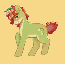 Size: 1517x1500 | Tagged: safe, artist:luvlorne, oc, oc only, oc:carrot (friendlyfloaty), earth pony, pony, artfight, full body, green coat, red mane, red tail, side view, simple background, small tail, smiling, solo, tail, yellow background